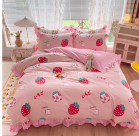 Cotton 100 Princess Wind Quilt Cover Cartoon Student Dormitory Bed (Option: Strawberry milk-1.5m bed sheet set of four)