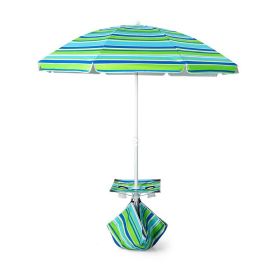 Outdoor Umbrellas Beach Umbrella with Cup Holder Table and Sandbag (Color: Green Strip, size: 6.5 Ft)